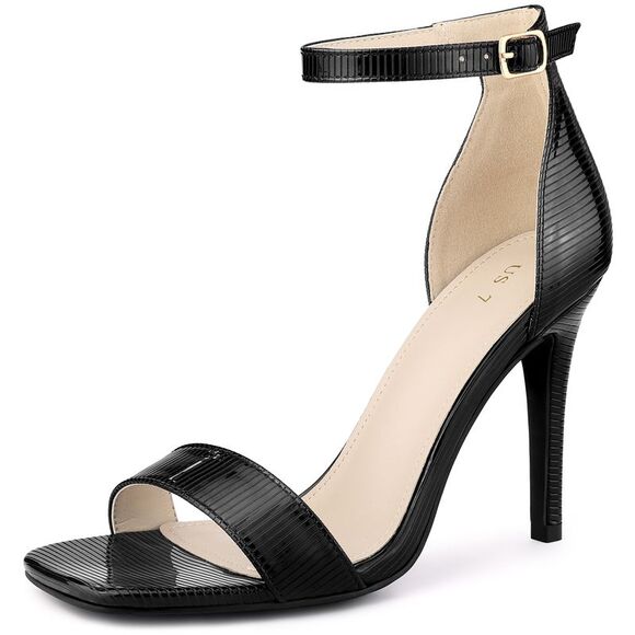 Women's Square Open Toe Metallic Buckle Ankle Strap Stiletto Heel Sandals Black - Picture 1 of 5